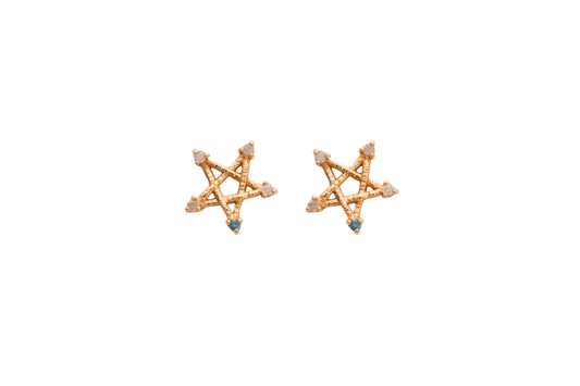 Diamond & Emerald Rose Gold Star Stud Earrings