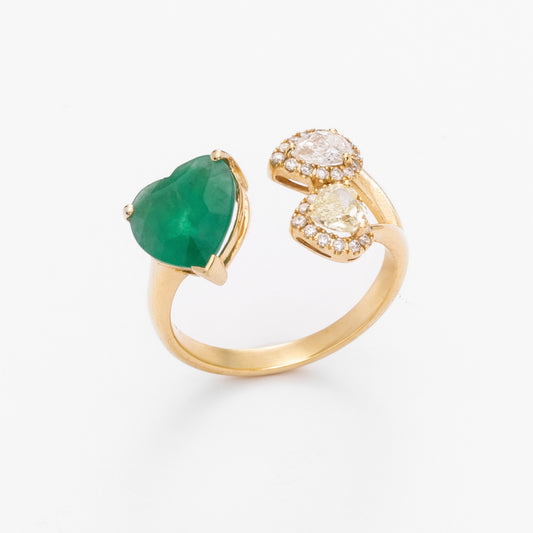 Emerald Heart & Double Diamond Teardrop & Gold Ring