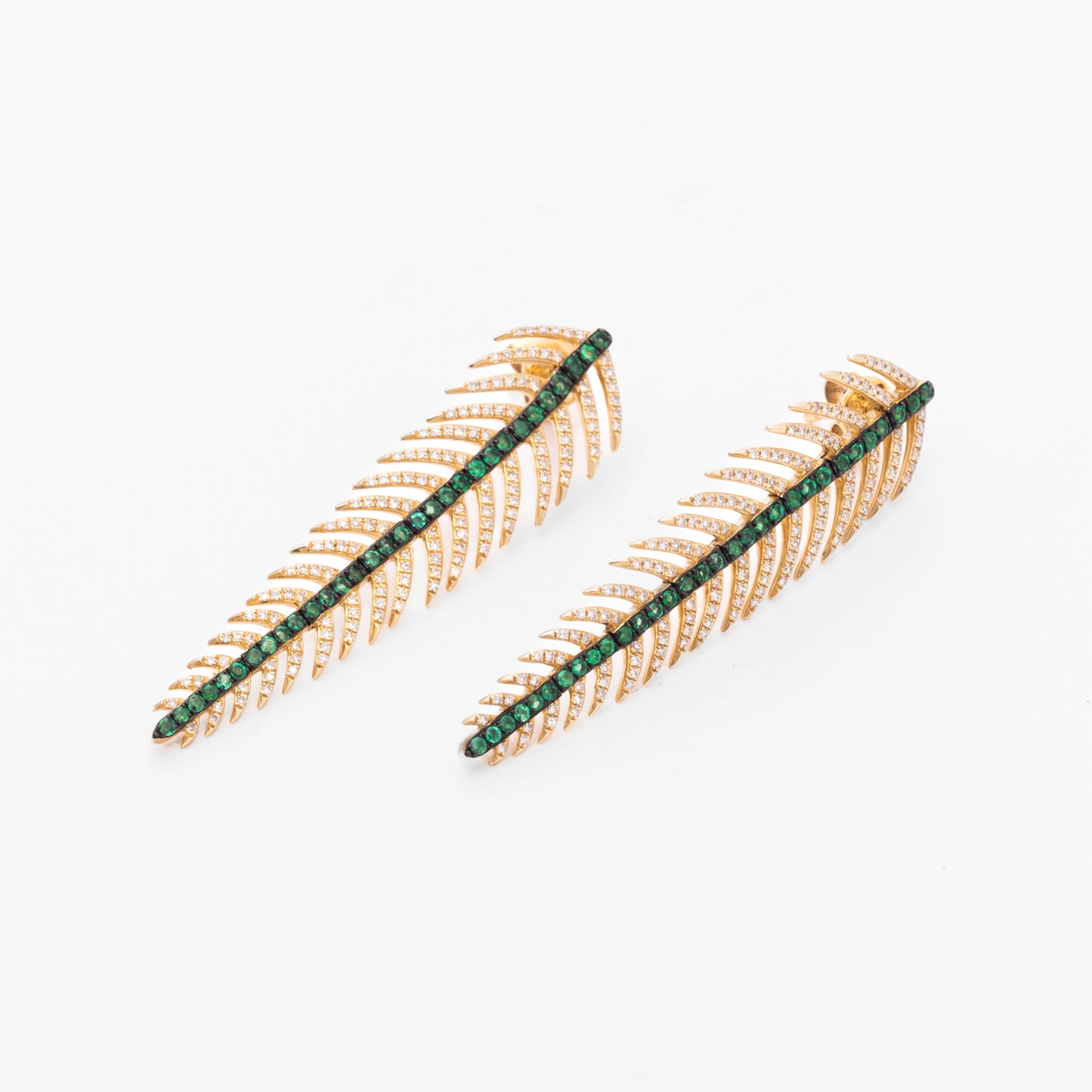 Diamond, Gold & Emerald Feather Earrings