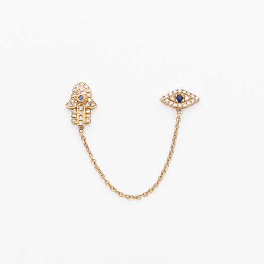 Diamond, Gold & Blue Sapphire Hamsa with Evil Eye Chain Earring