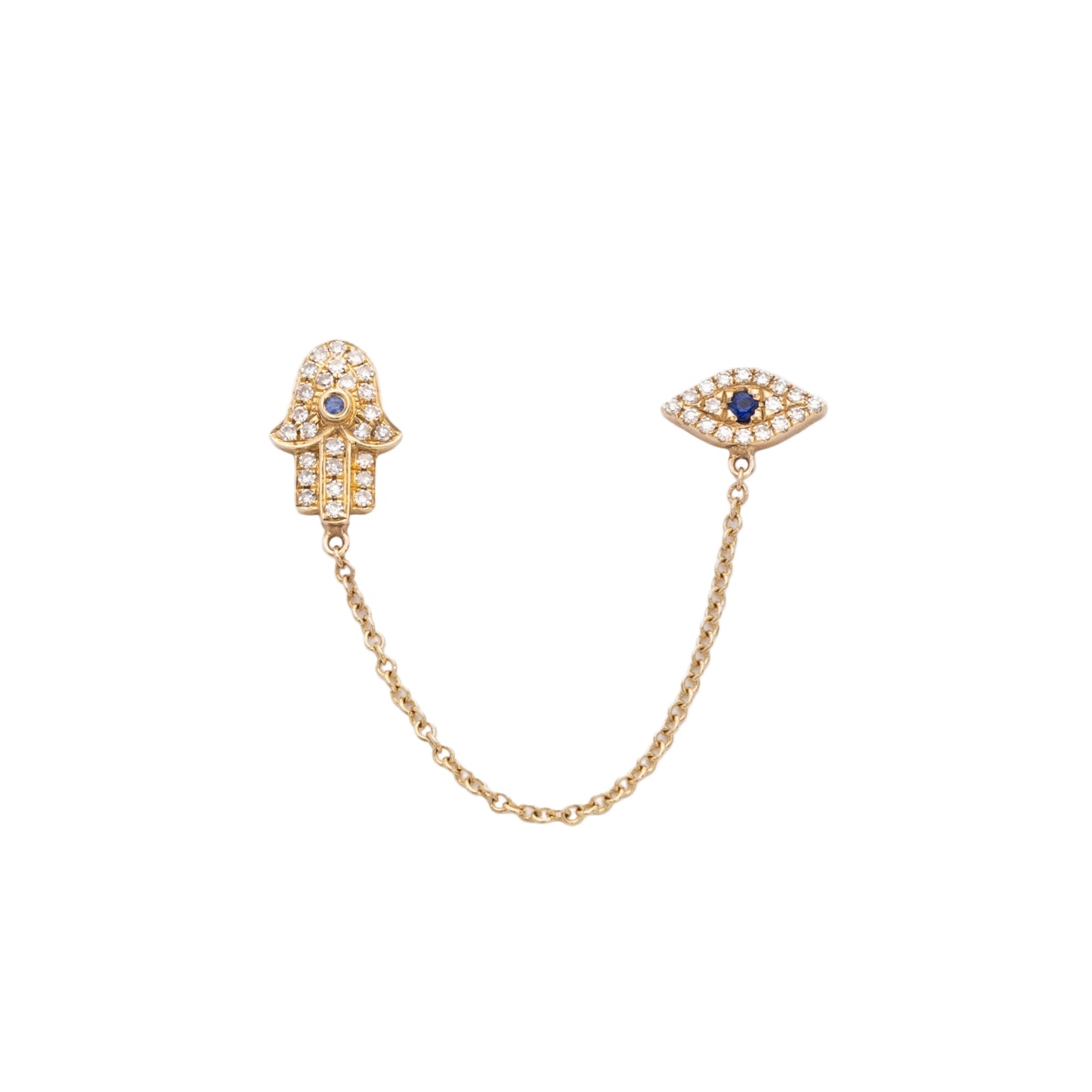 Diamond, Gold & Blue Sapphire Hamsa with Evil Eye Chain Earring