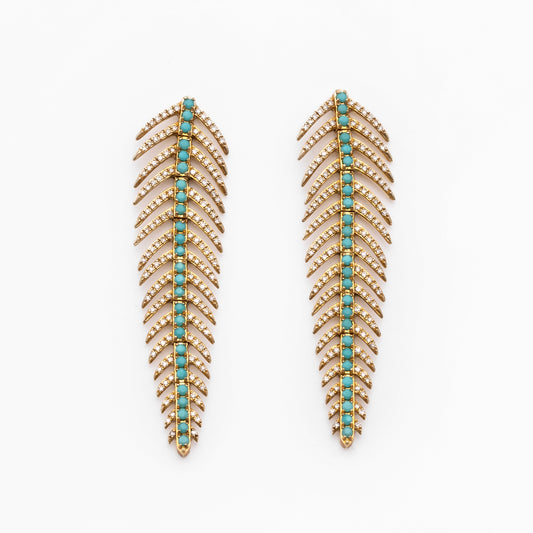 Diamond, Gold & Turquoise Feather Earrings
