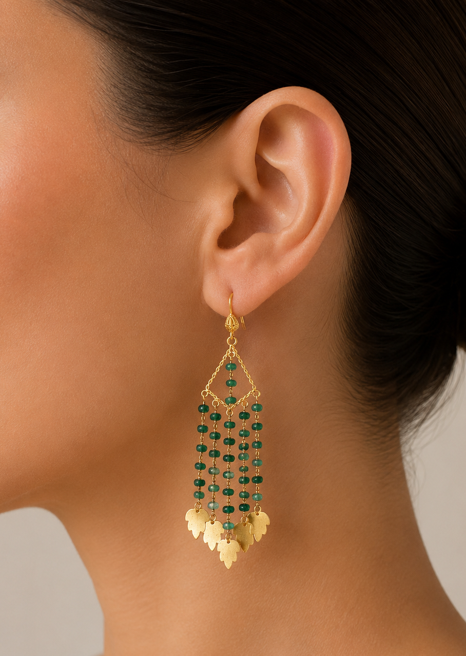 Emerald Chandelier Drop & Gold Leaf Earrings