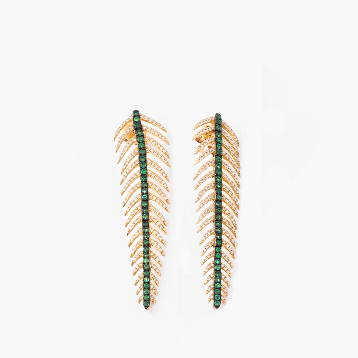 Diamond, Gold & Emerald Feather Earrings