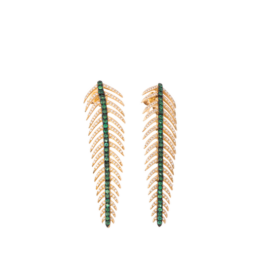 Diamond, Gold & Emerald Feather Earrings