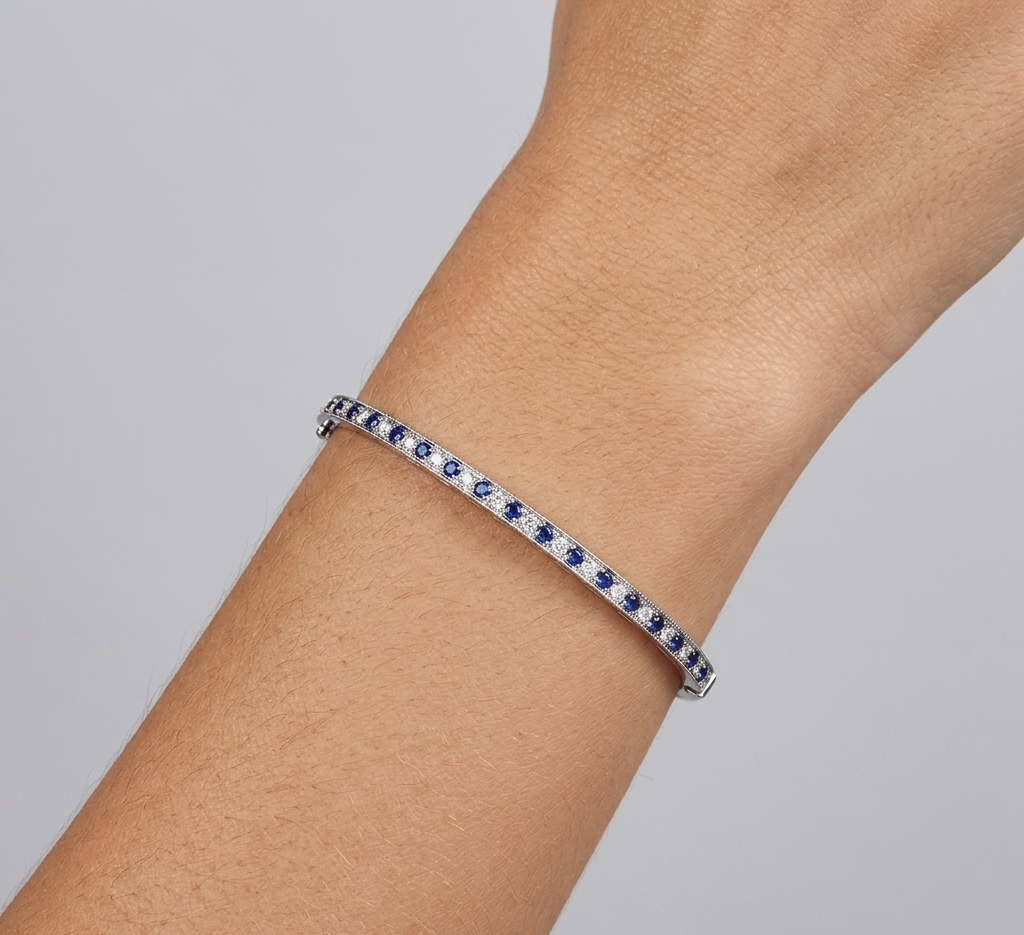 Diamond, Blue Sapphire & White Gold Cuff Bracelet