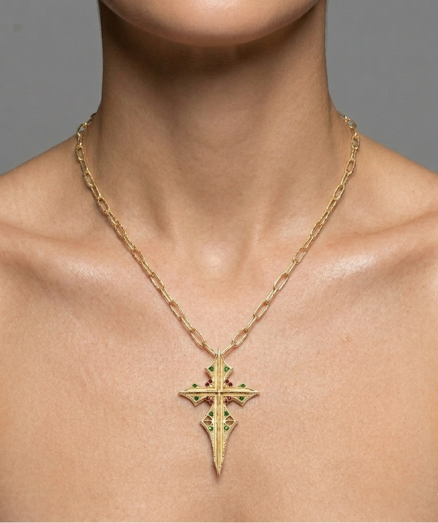 Gold With Ruby & Emerald Cross Necklace