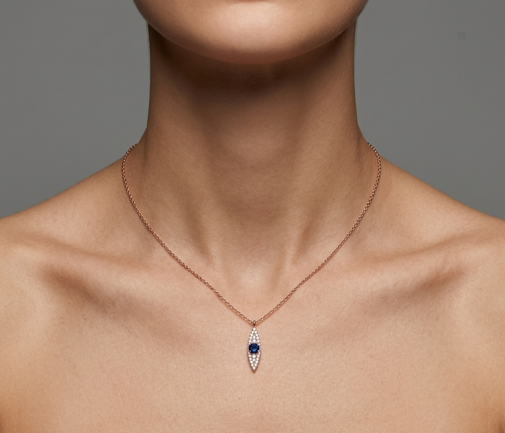 Diamond, Rose Gold & Sapphire Evil Eye Necklace