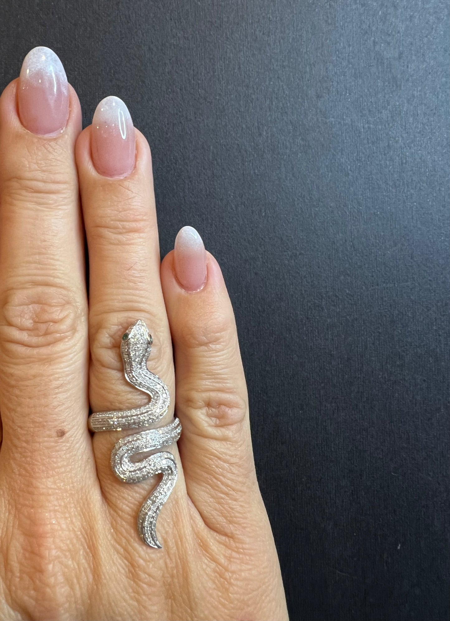 Diamond & White Gold Snake With Emerald Eyes Ring