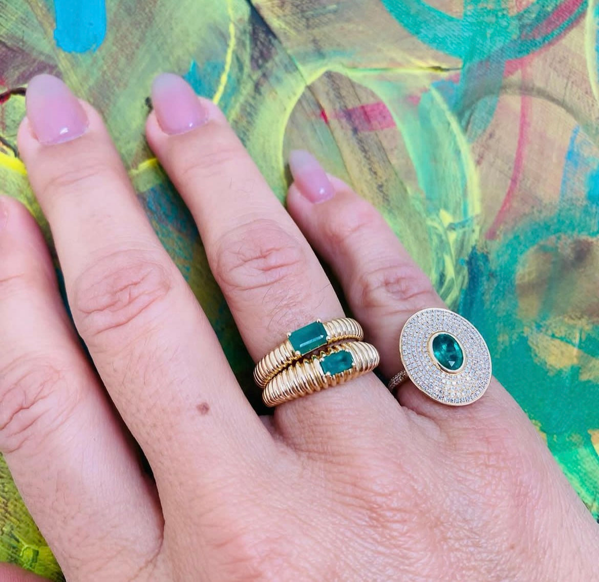 Diamond, Emerald & Gold Oval Pinky Ring