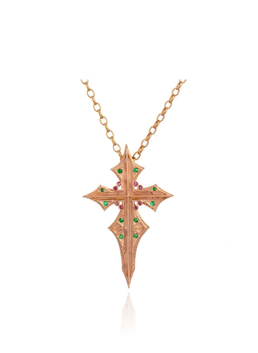 Gold With Ruby & Emerald Cross Necklace