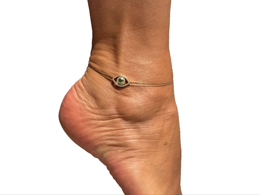 Gold & Diamond Emerald Evil Eye Anklet