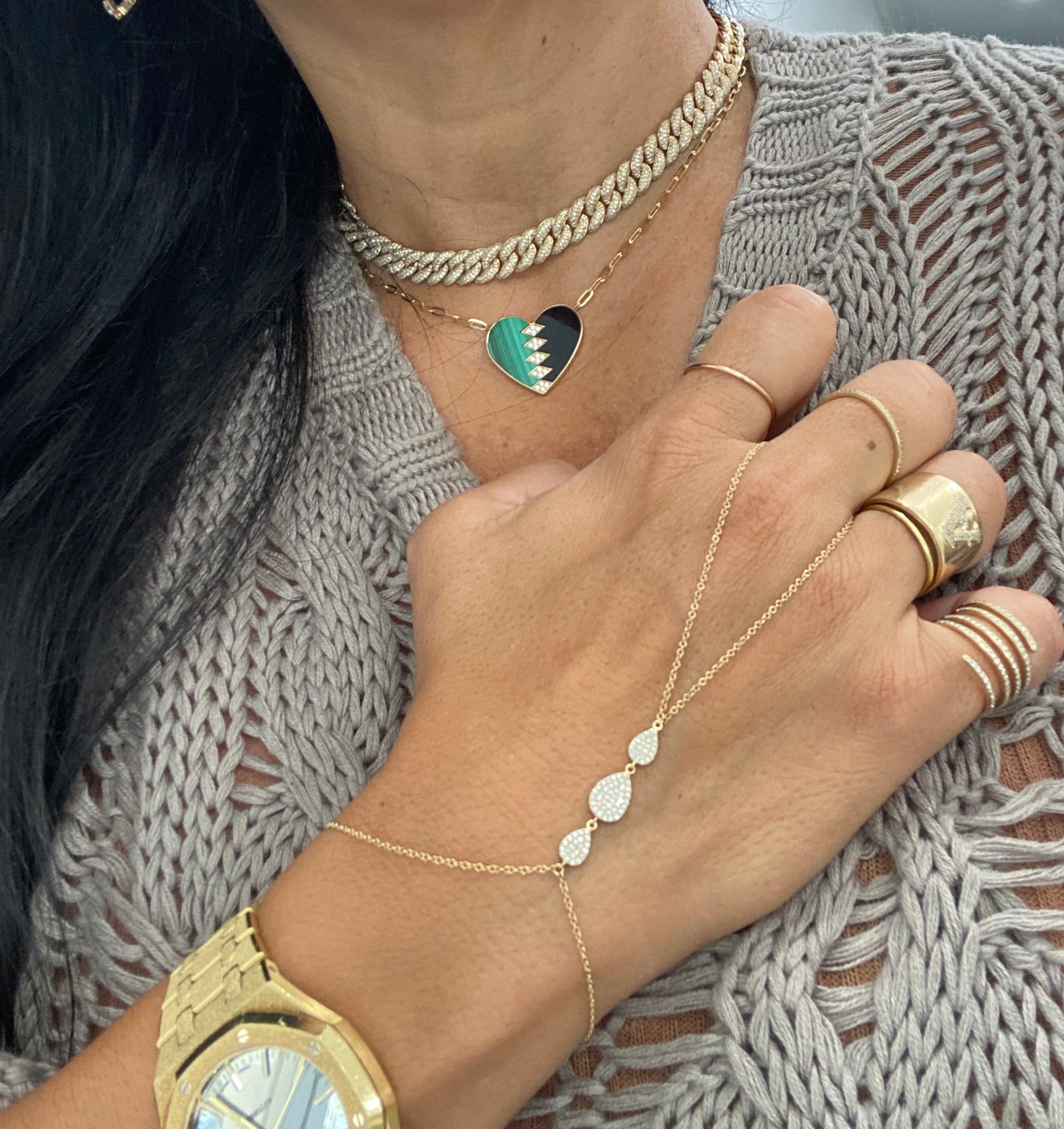 Gold & Diamond Teardrop Hand Chain