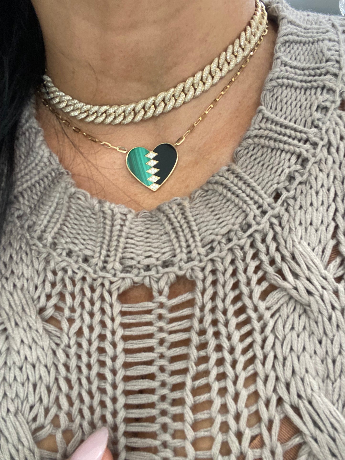 Diamond, Malachite & Black Onyx Gold Heart Necklace