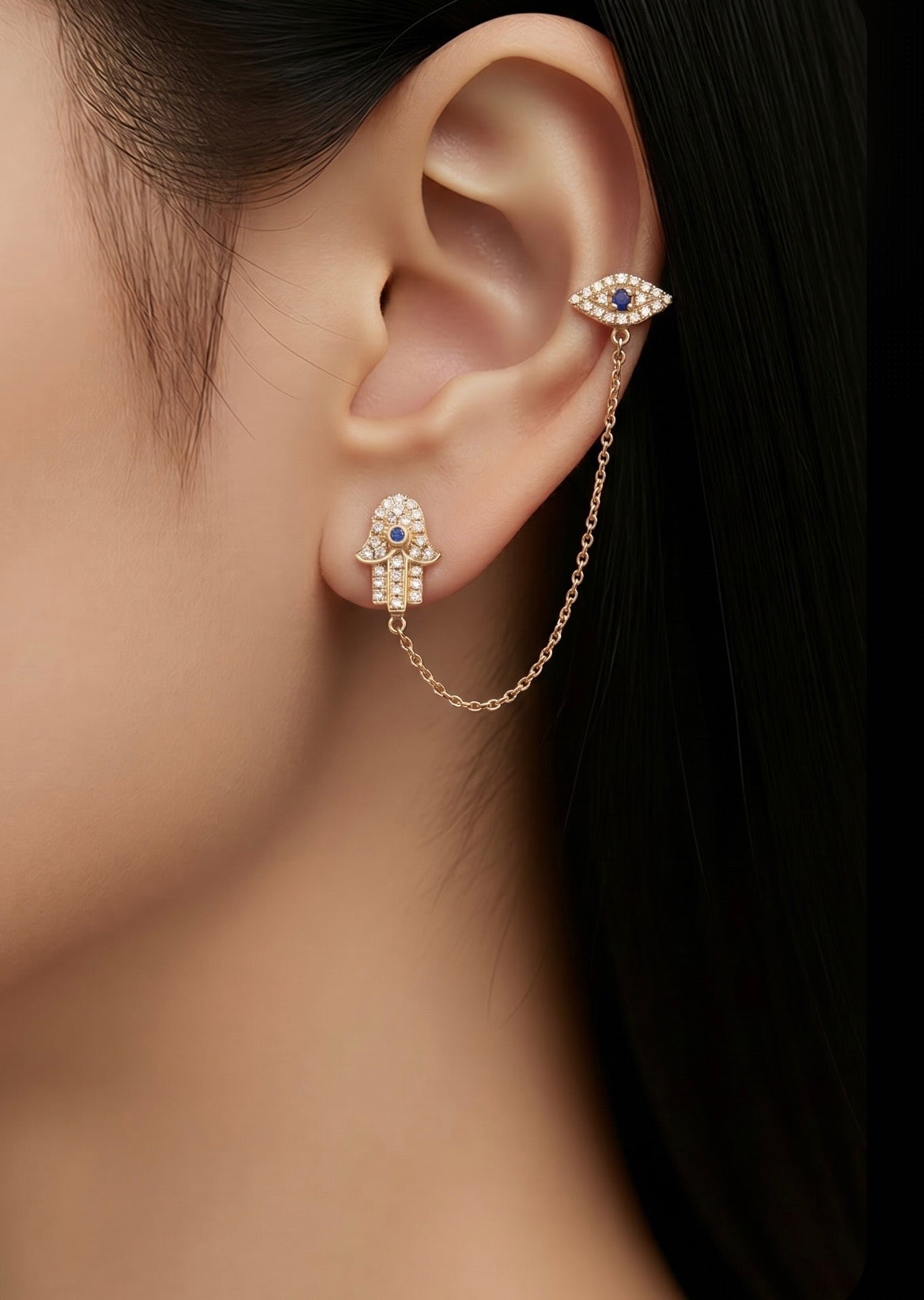 Diamond, Gold & Blue Sapphire Hamsa with Evil Eye Chain Earring
