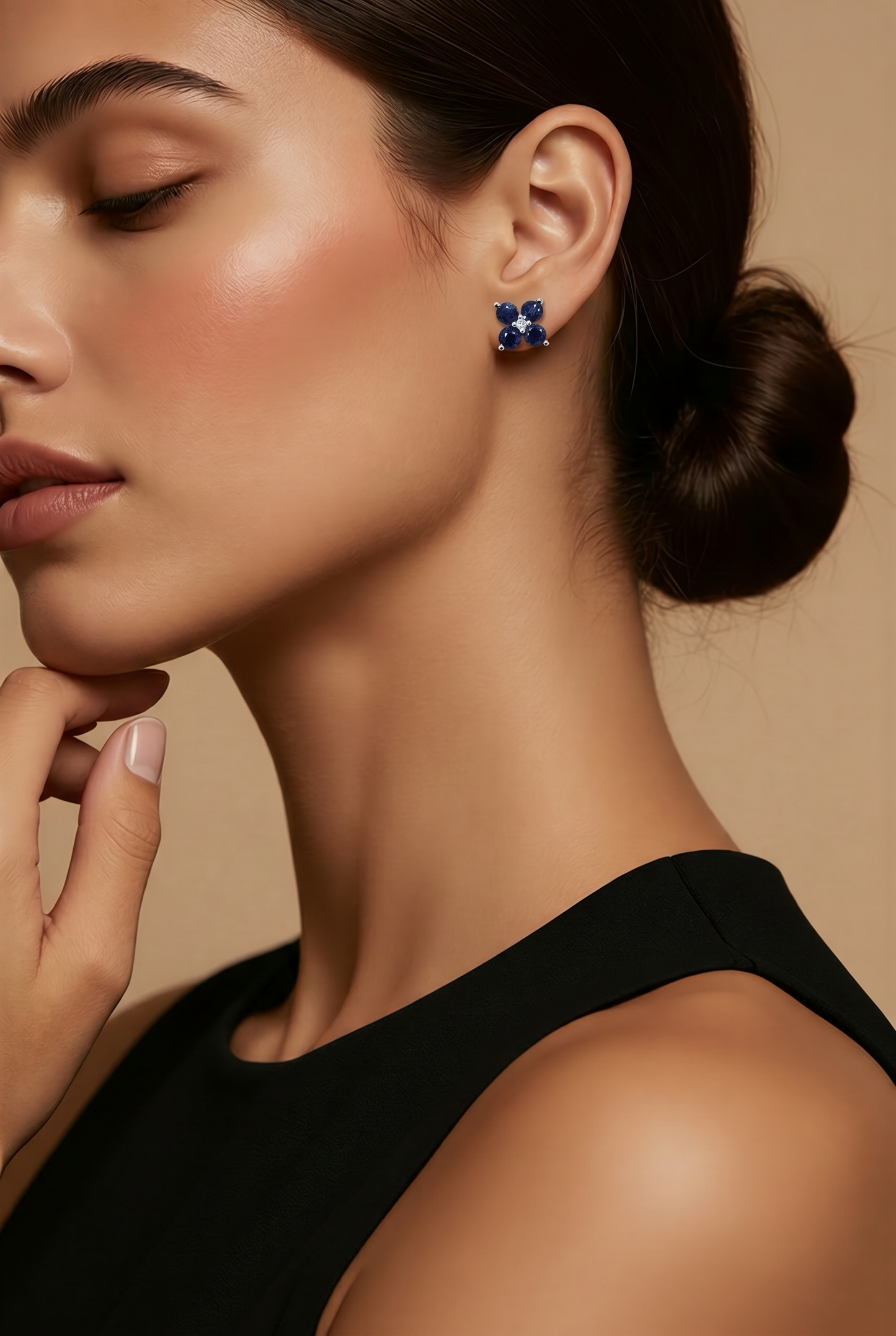 Blue Sapphire & White Gold Flower Stud Earrings