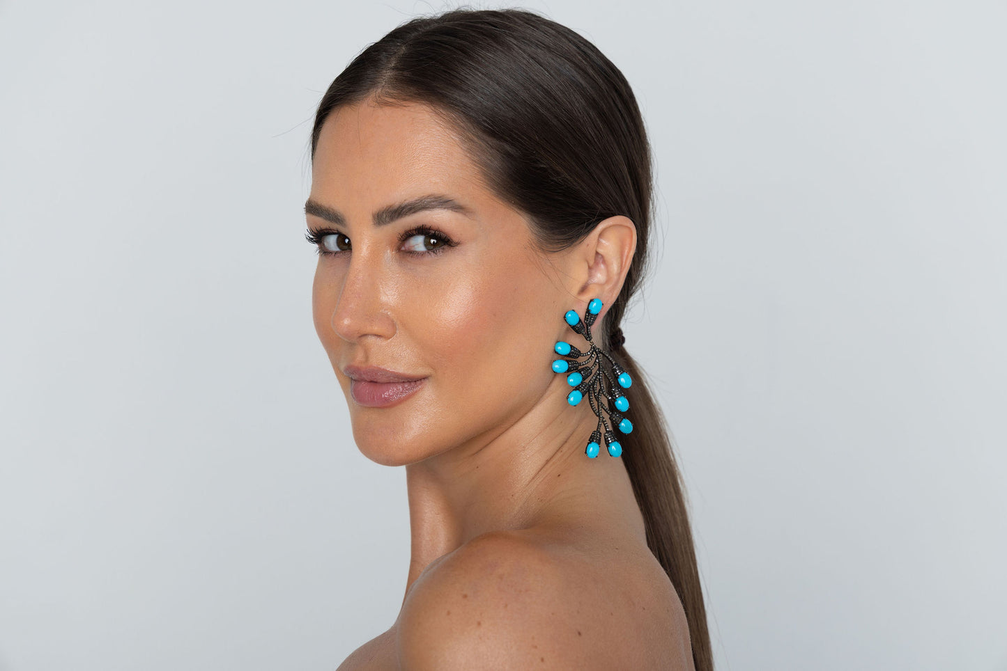 Diamond, Black Rhodium & Turquoise Stone Earrings