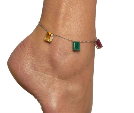 Multi-Stone & Silver Chain Anklet