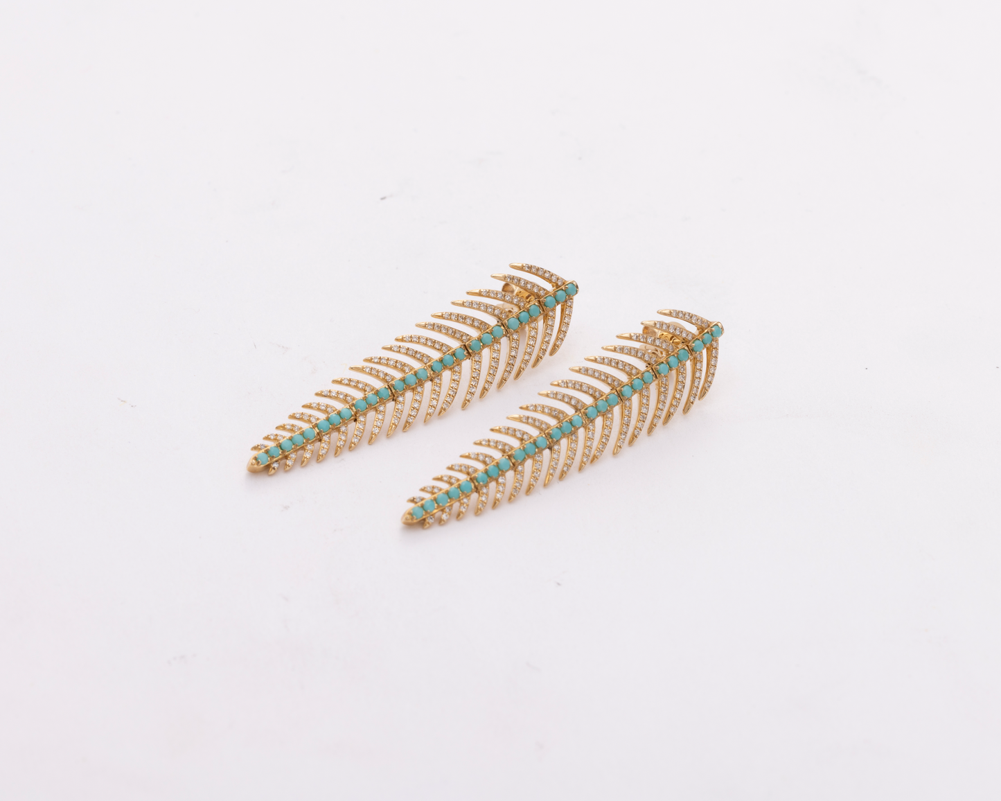 Diamond, Gold & Turquoise Feather Stud Earrings