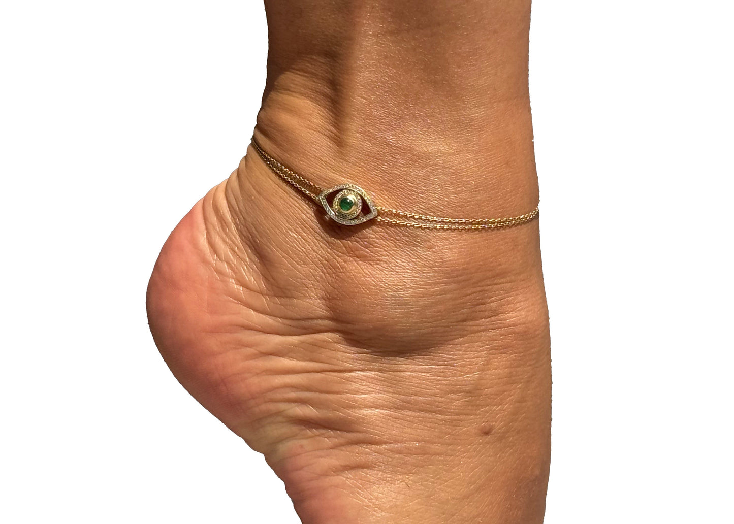Gold & Diamond Emerald Evil Eye Anklet