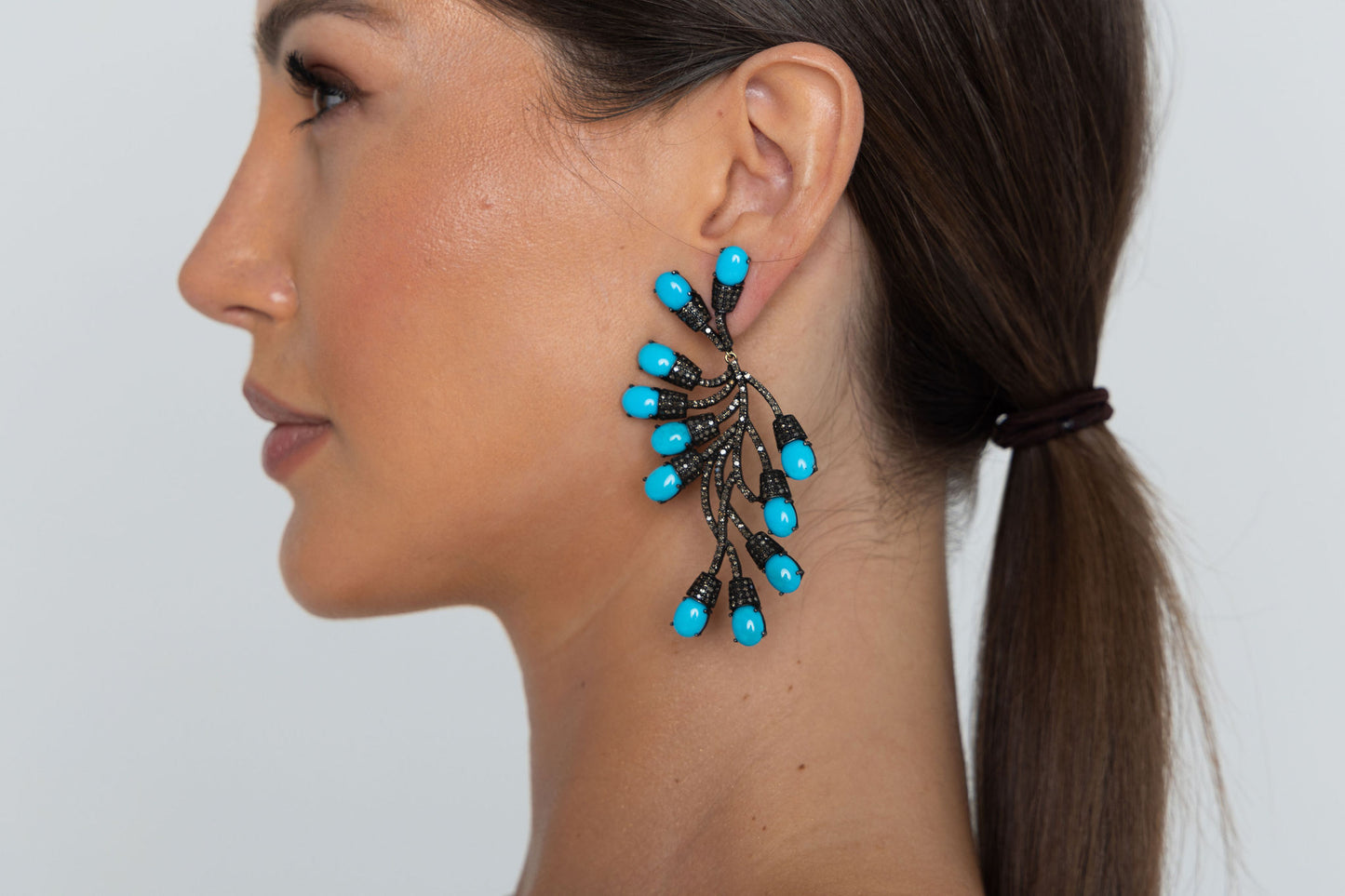Diamond, Black Rhodium & Turquoise Stone Earrings