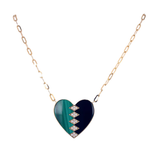 Diamond, Malachite & Black Onyx Gold Heart Necklace