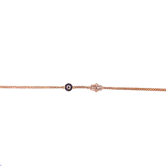 Diamond, Blue Shappire & Rose Gold Evil Eye with Hamsa Bracelet