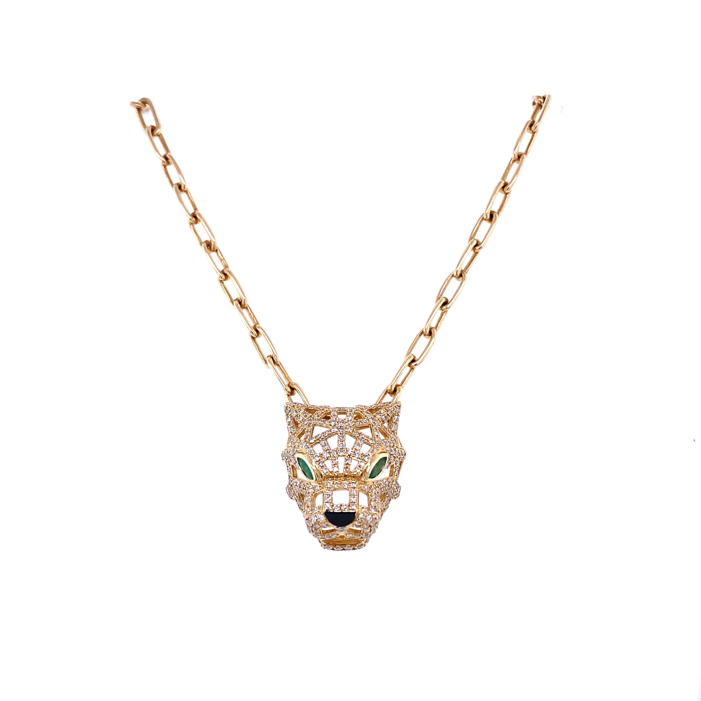 Diamond, Emerald, Black Onyx & Gold Leopard Head Necklace