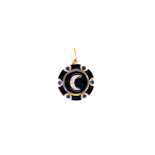 Diamond & Gold Crescent Moon With Blue Sapphire Charm