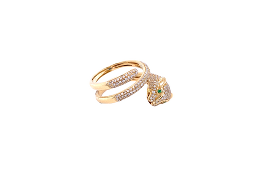 Diamond & Gold Leopard With Emerald Eye Ring
