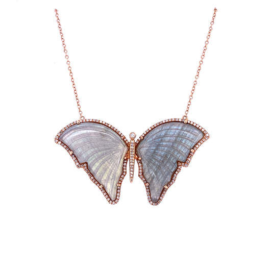 Labradorite, Diamond & Rose Gold Butterfly Necklace