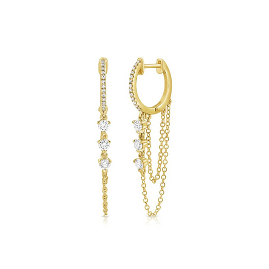 Diamond & Gold Huggie Double Chain Earrings