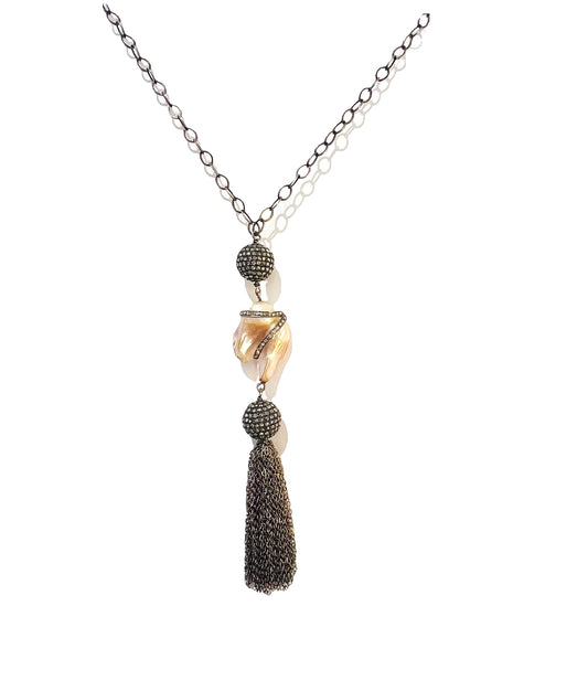 Diamond, Pearl & Rhodium Tassel Necklace