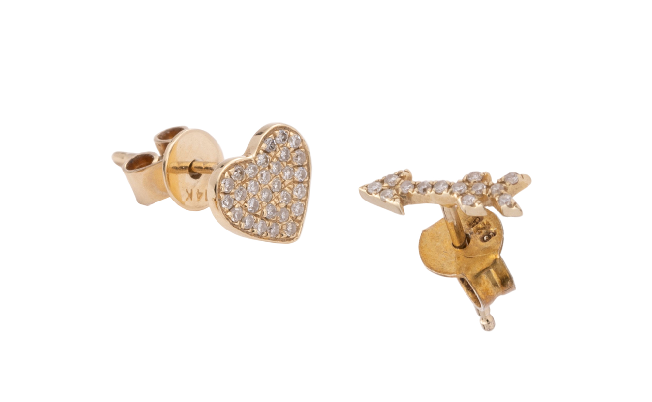 Gold & Diamond Heart & Arrow Stud Earrings