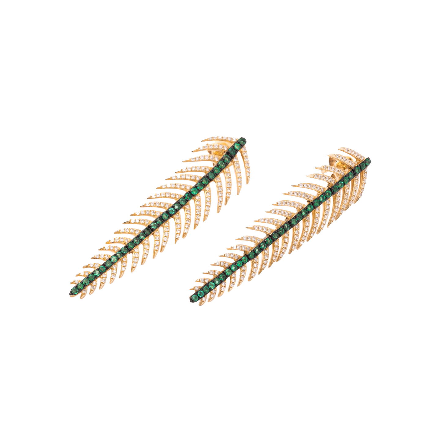 Diamond, Gold & Emerald Feather Earrings