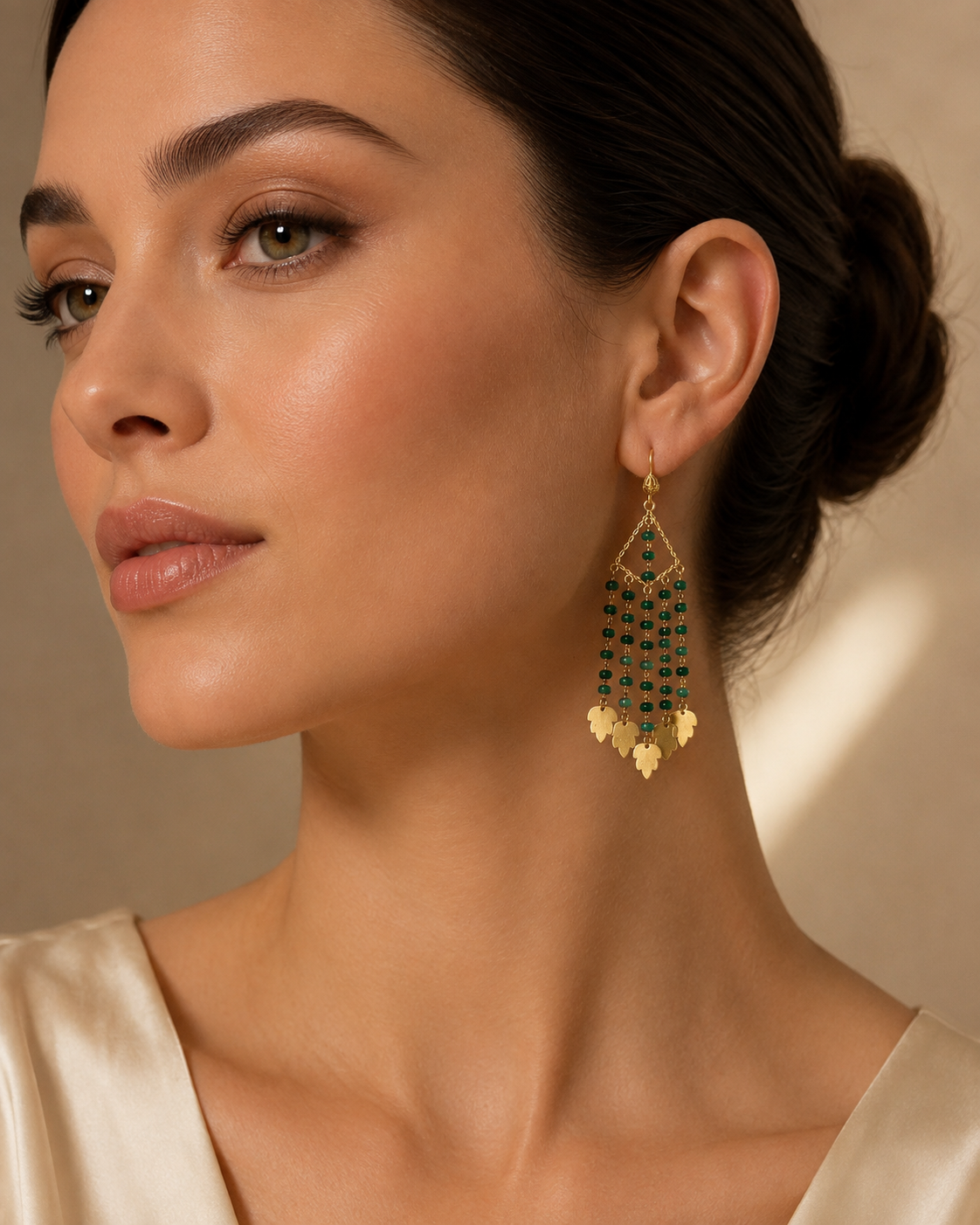 Emerald Chandelier Drop & Gold Leaf Earrings
