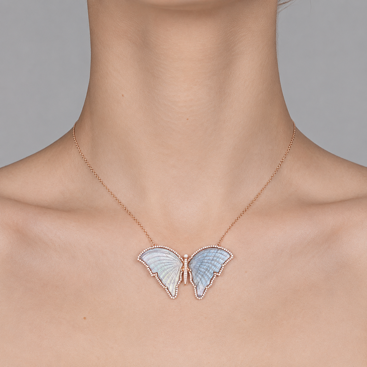 Labradorite, Diamond & Rose Gold Butterfly Necklace