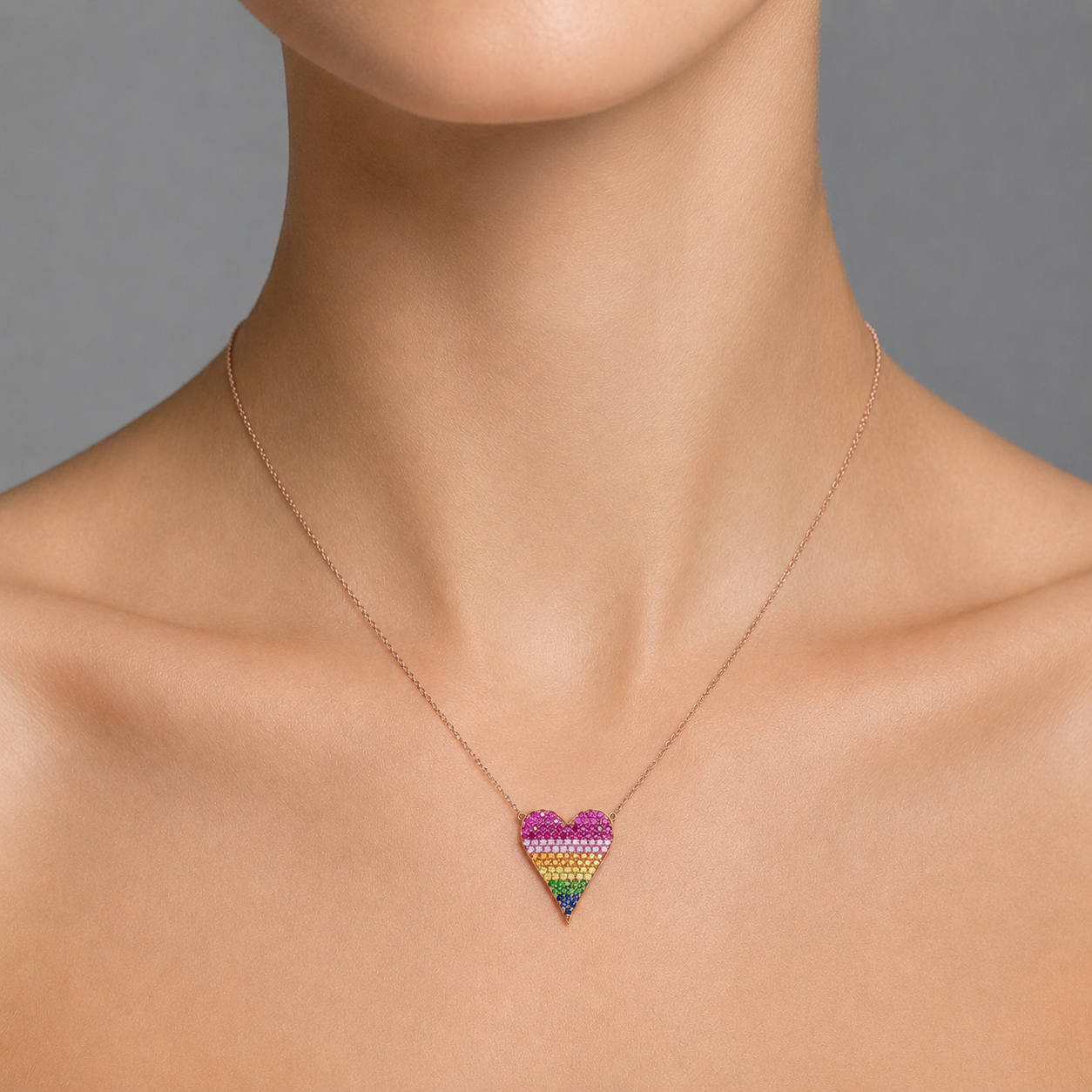 Multi-Color Sapphire & Diamond Rose Gold Heart Necklace