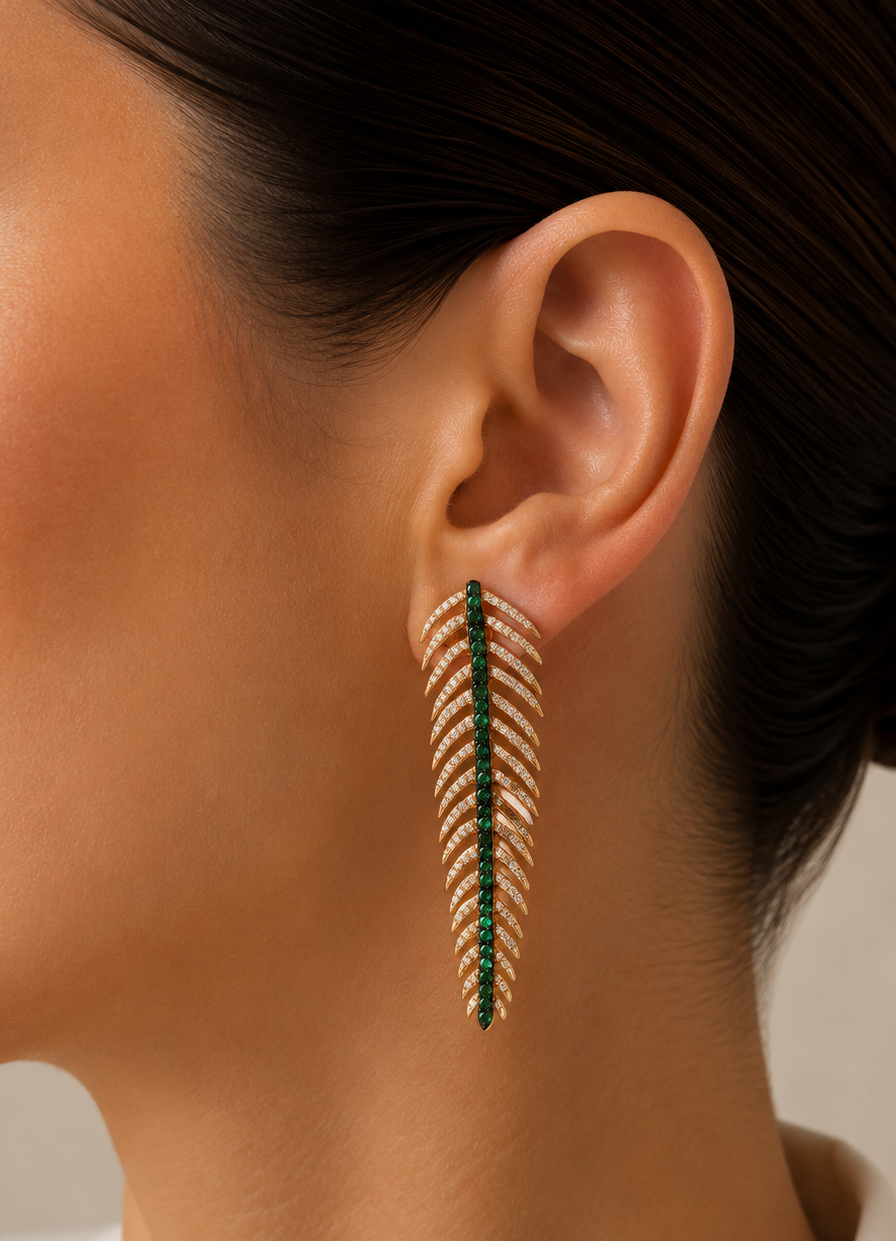 Diamond, Gold & Emerald Feather Earrings