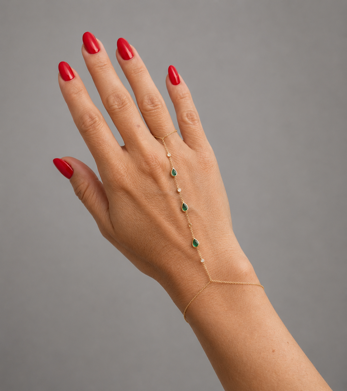 Diamond & Emerald Hand Chain in 14K Gold