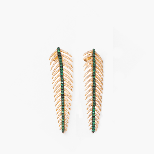 Diamond, Gold & Emerald Feather Earrings