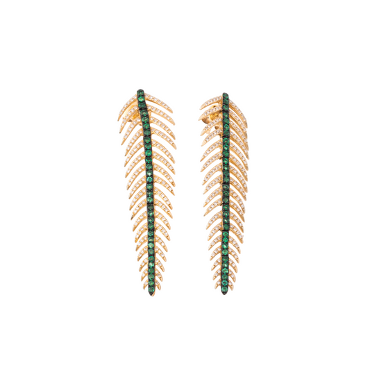 Diamond, Gold & Emerald Feather Earrings