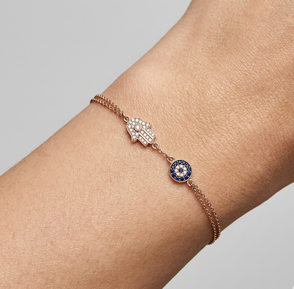 Diamond, Blue Sapphire & Rose Gold Evil Eye and Hamsa Bracelet