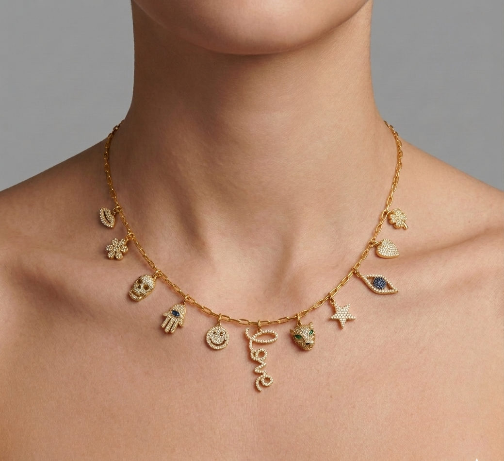 Diamond & Gold Multi-Charm Necklace