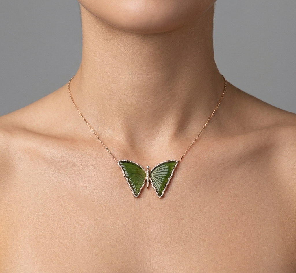 Diamond & Green Tourmaline Butterfly Necklace