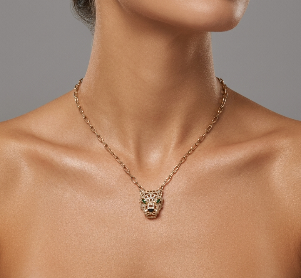 Diamond, Emerald, Black Onyx & Gold Leopard Head Necklace