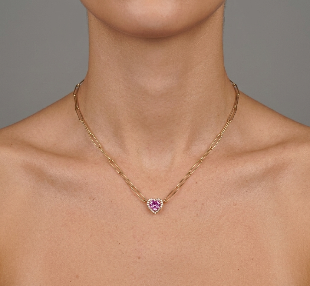 Pink Sapphire, Diamond & Gold Heart Chain Necklace