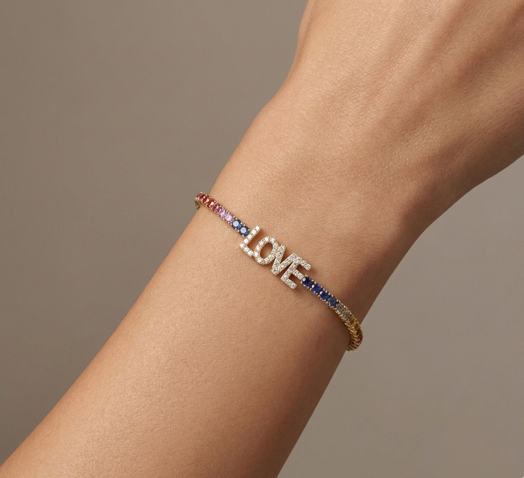 Diamond & Gold 'Love' Multi-Color Sapphire Bracelet