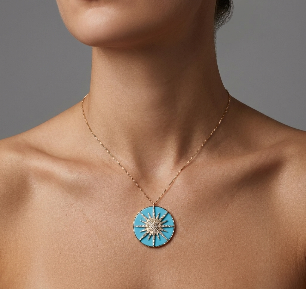Turquoise, Diamond & Gold Starburst Necklace