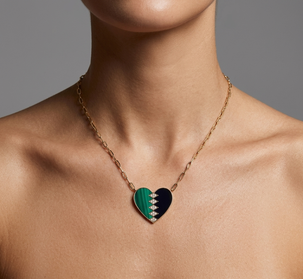 Diamond, Malachite & Black Onyx Gold Heart Necklace